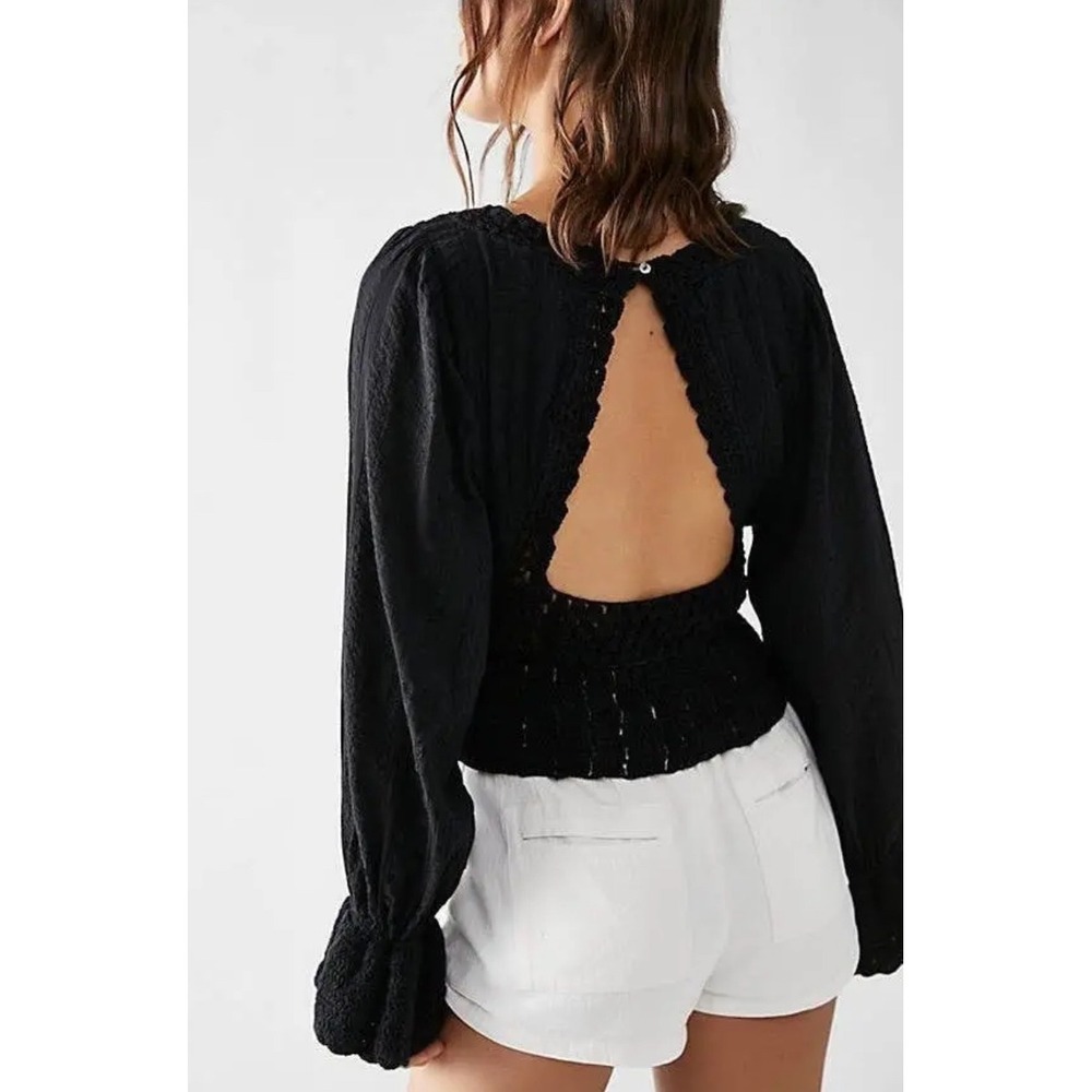 Free People Black Crochet Knit Long Sleeve Open Back Tie Crop Top Women's M - Picture 3 of 10
